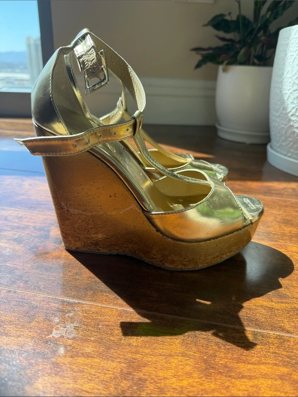 Metallic Gold Platform Ankle-Strap Sandals
